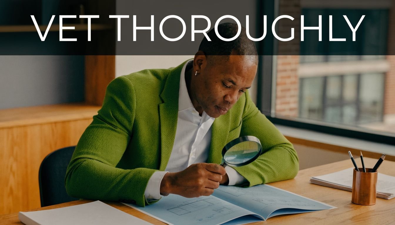 A professional examining architectural blueprints with a magnifying glass in a bright office environment.