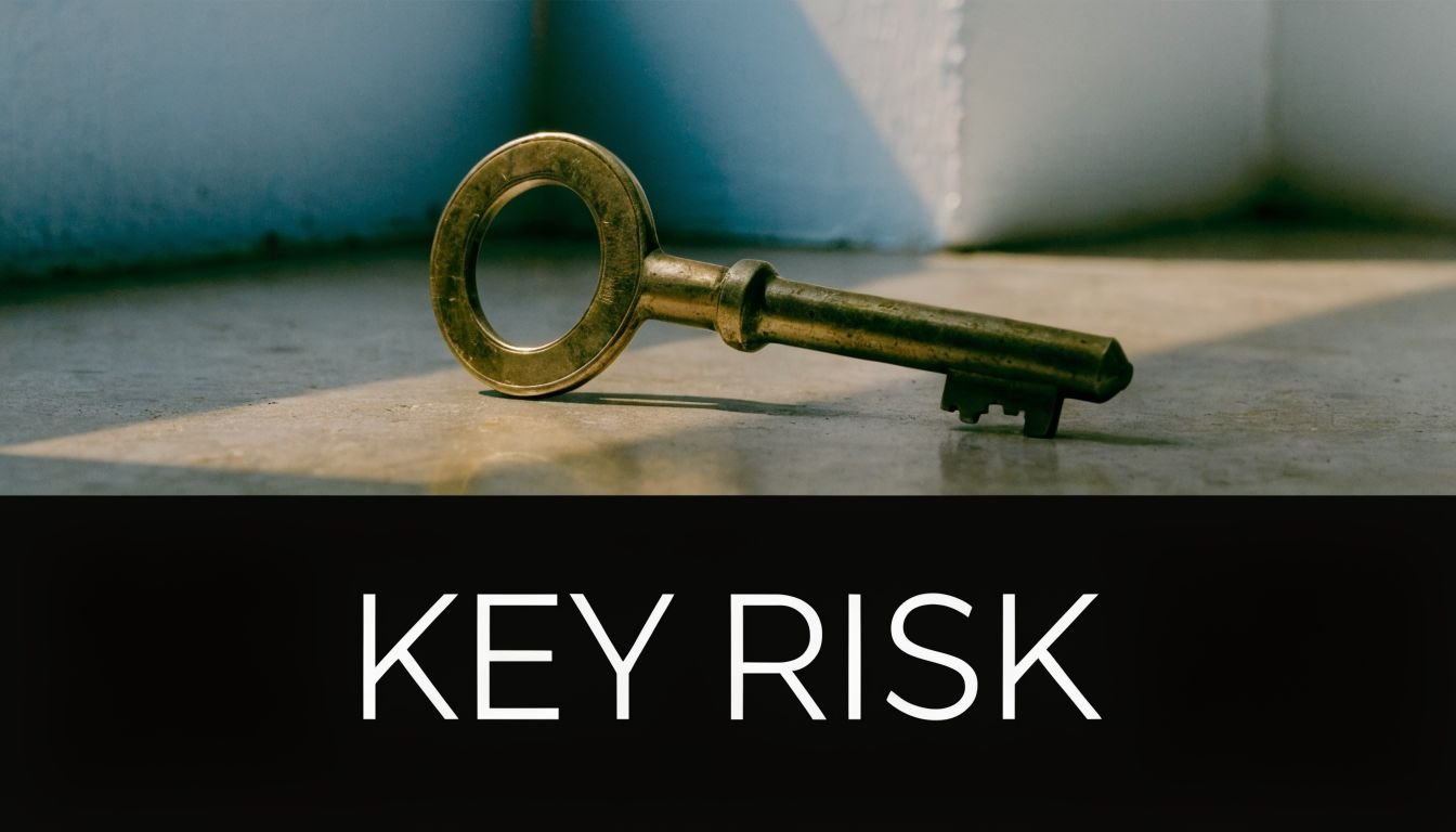 A vintage brass skeleton key lying on a flat surface below the text Key Risk
