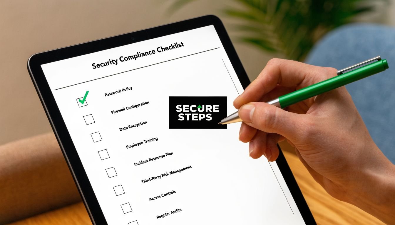 A hand holds a pen over a tablet displaying a security compliance checklist with a green checkmark.