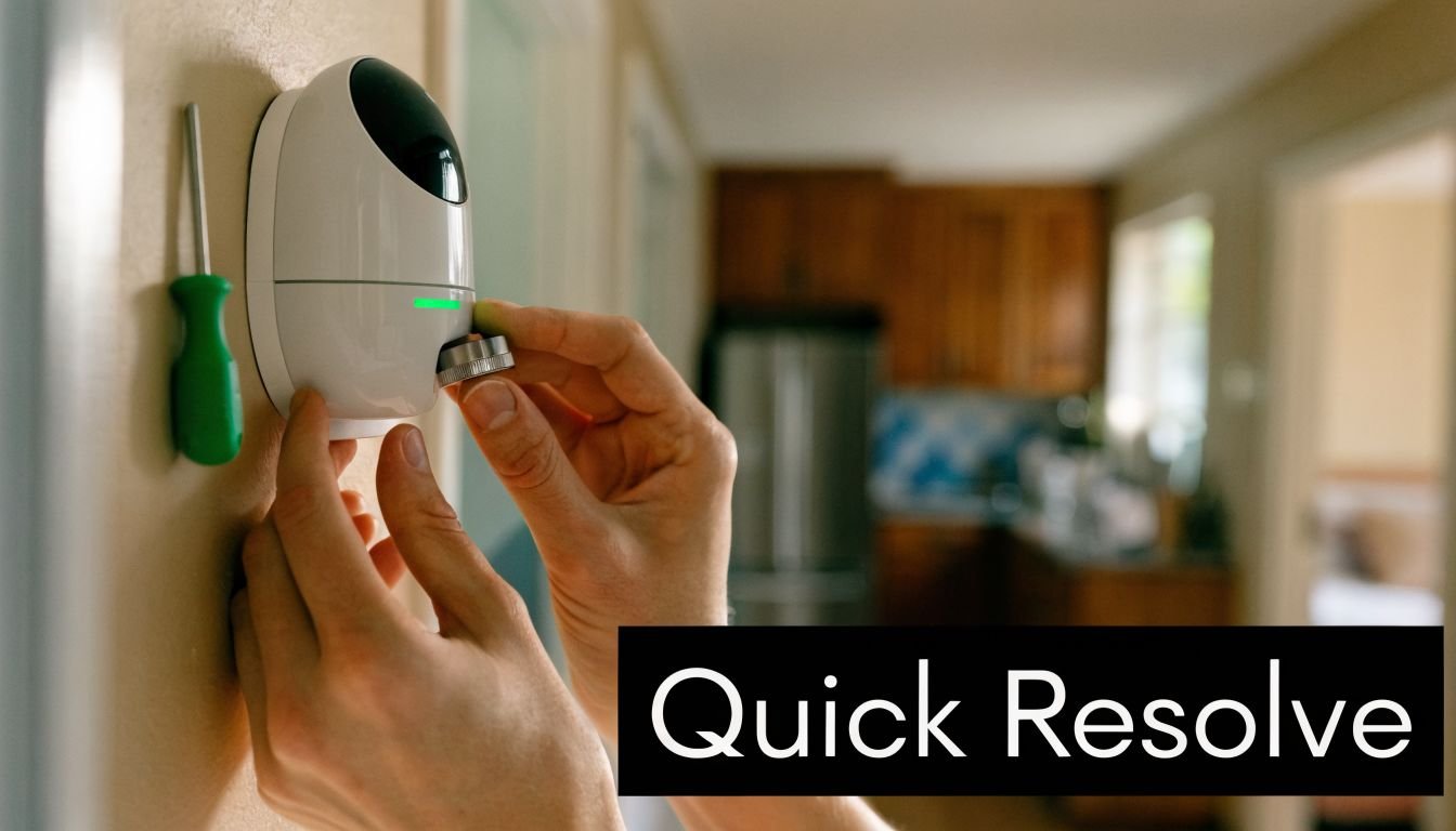 A technician installs or performs maintenance on a smart home security camera mounted on an indoor wall.