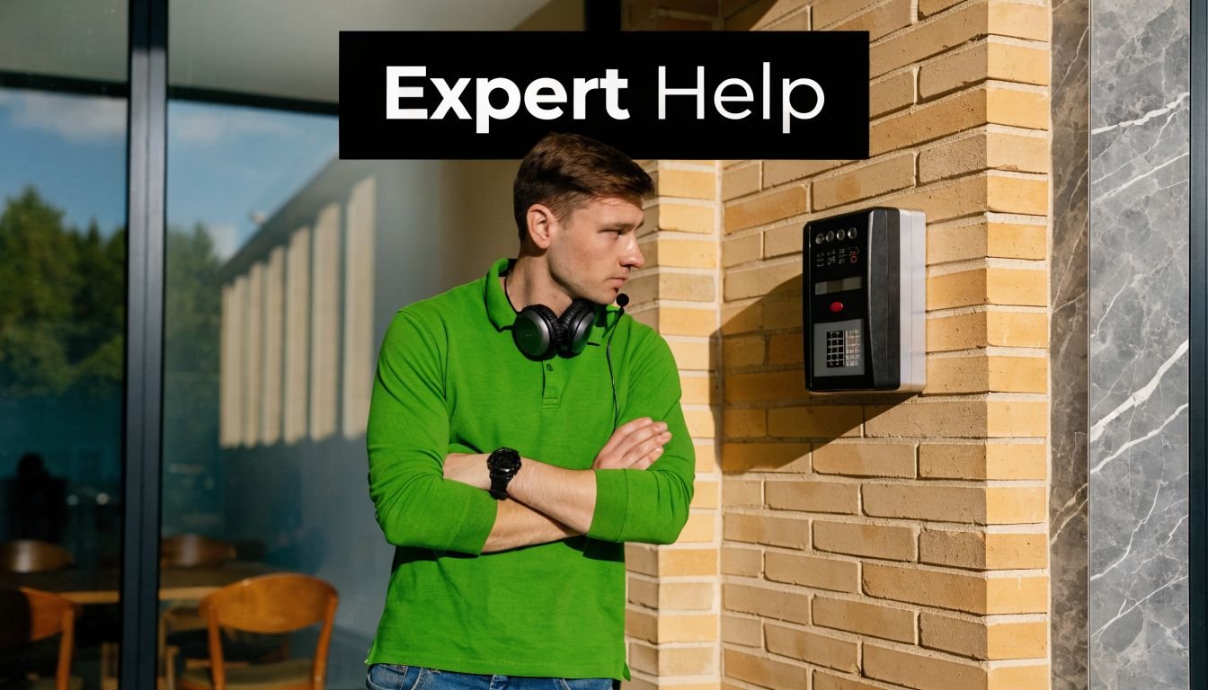 A professional man with headphones standing outdoors next to a brick wall with an intercom system.