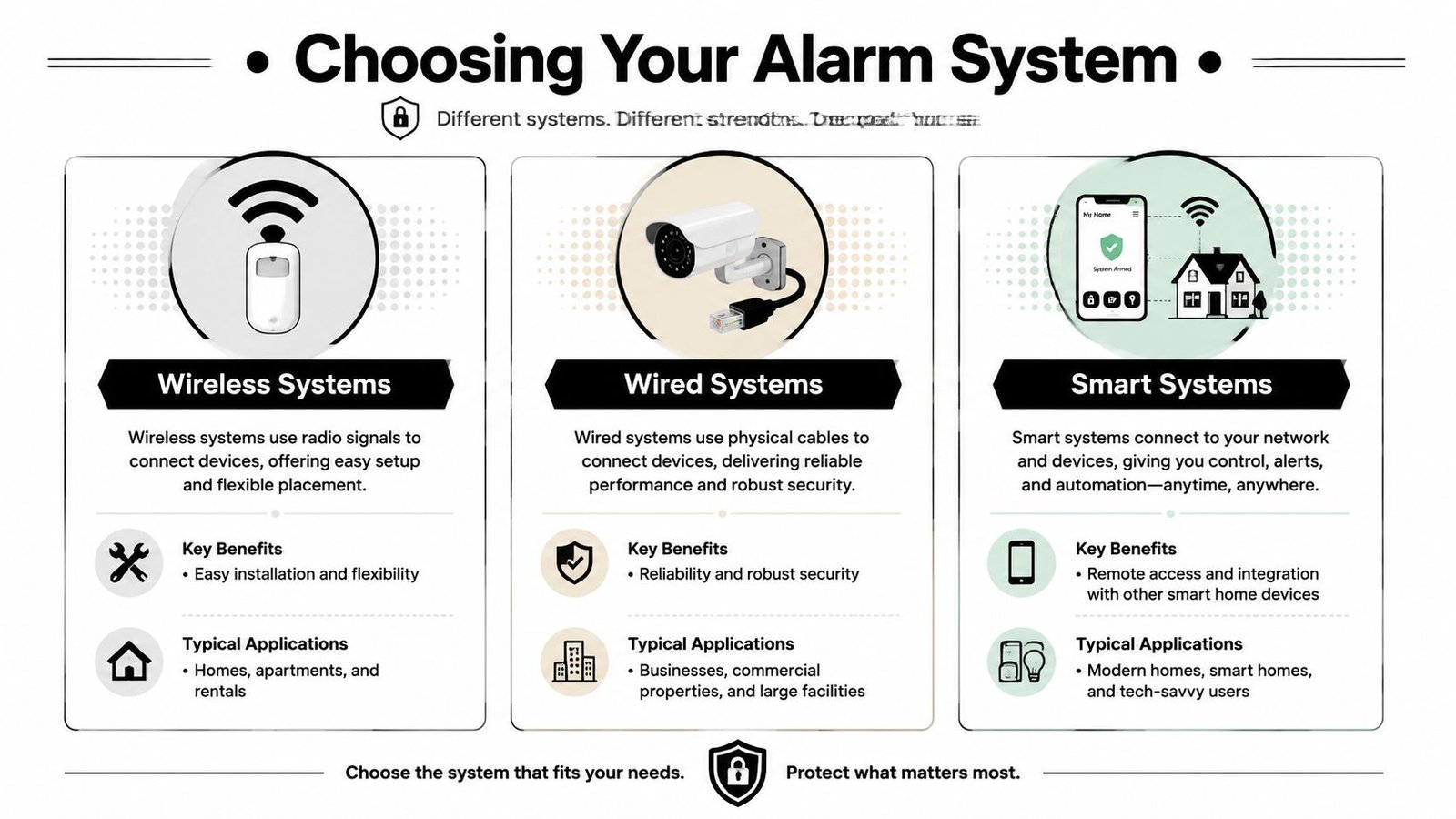 An infographic comparing wireless, wired, and smart alarm systems with their respective benefits and typical applications.