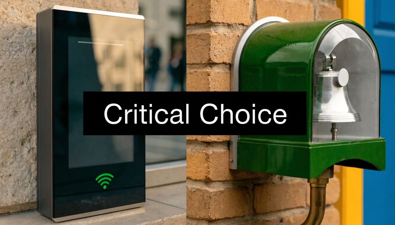 A split screen comparing a modern digital security touchscreen with a classic vintage brass door bell.