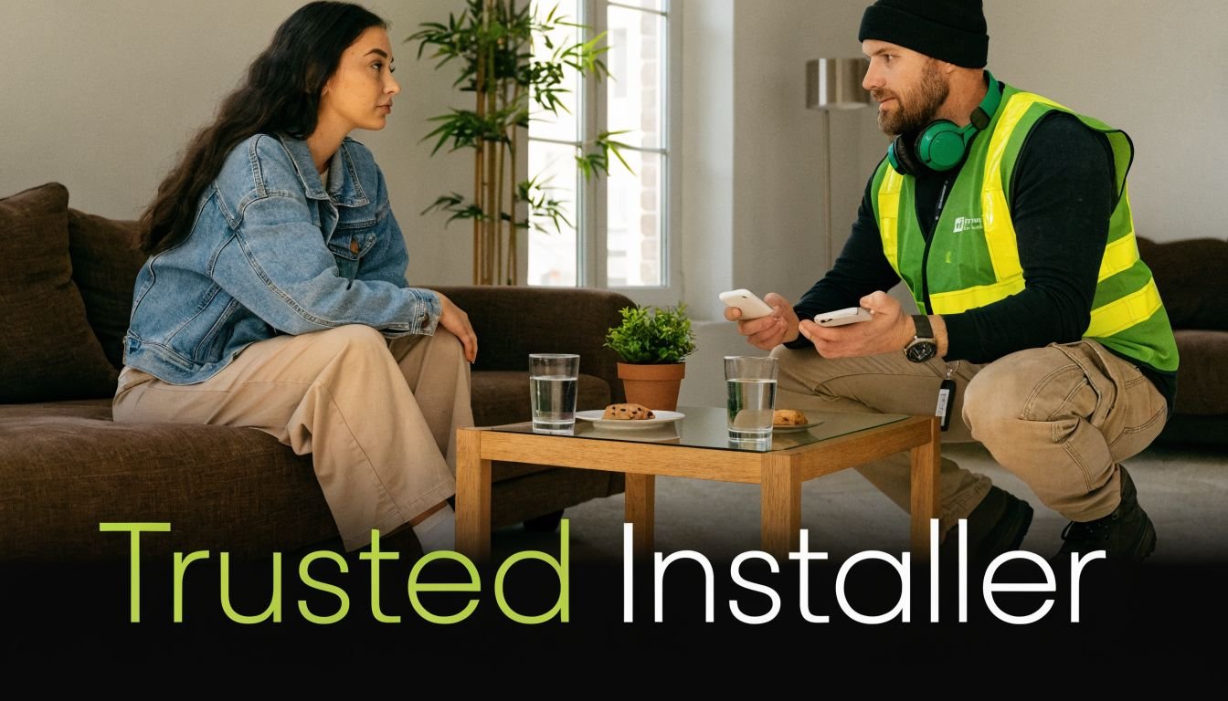 A professional installer in a high-visibility vest discussing installation with a female customer in her living room.