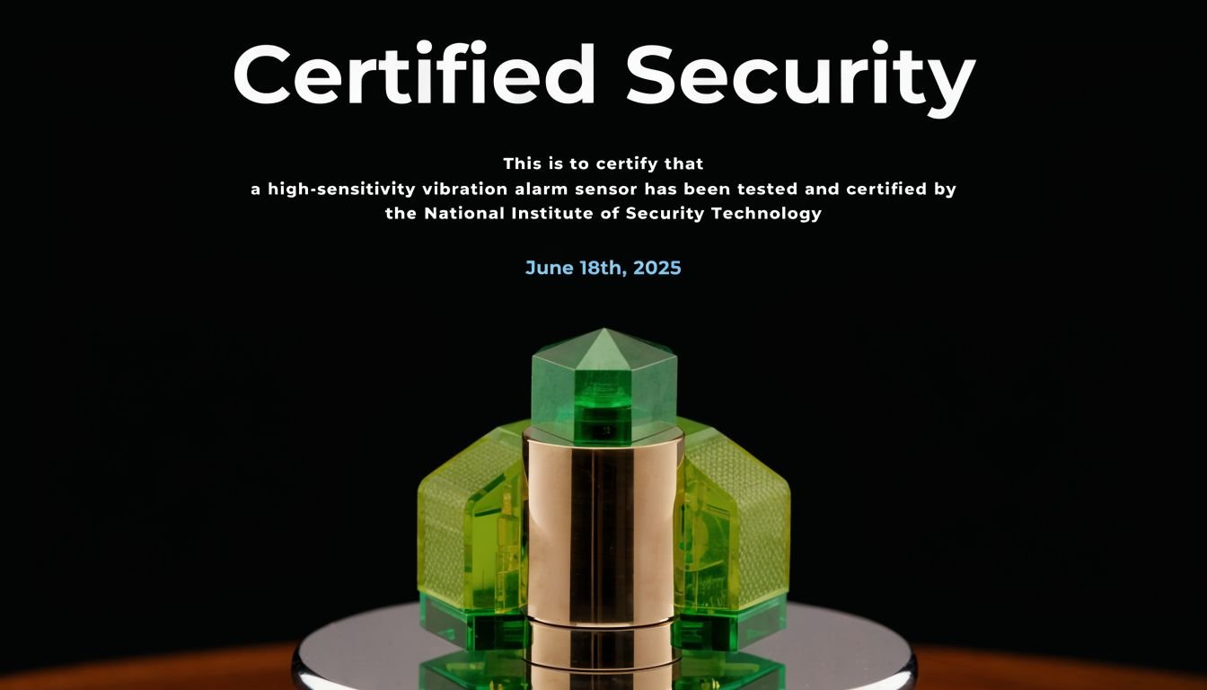 A certificate for a high-sensitivity vibration alarm sensor issued by the National Institute of Security Technology.