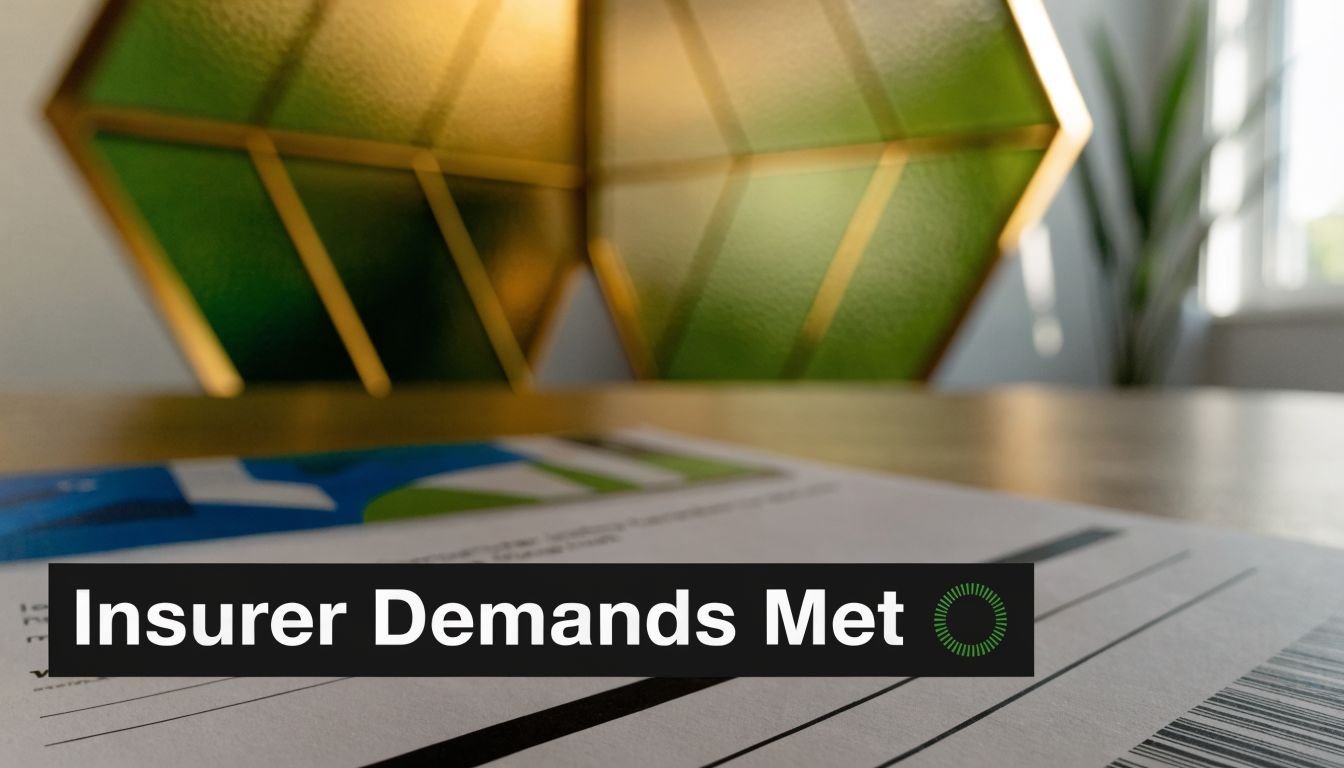 A document titled Insurer Demands Met rests on a wooden desk with decorative wall panels behind it.