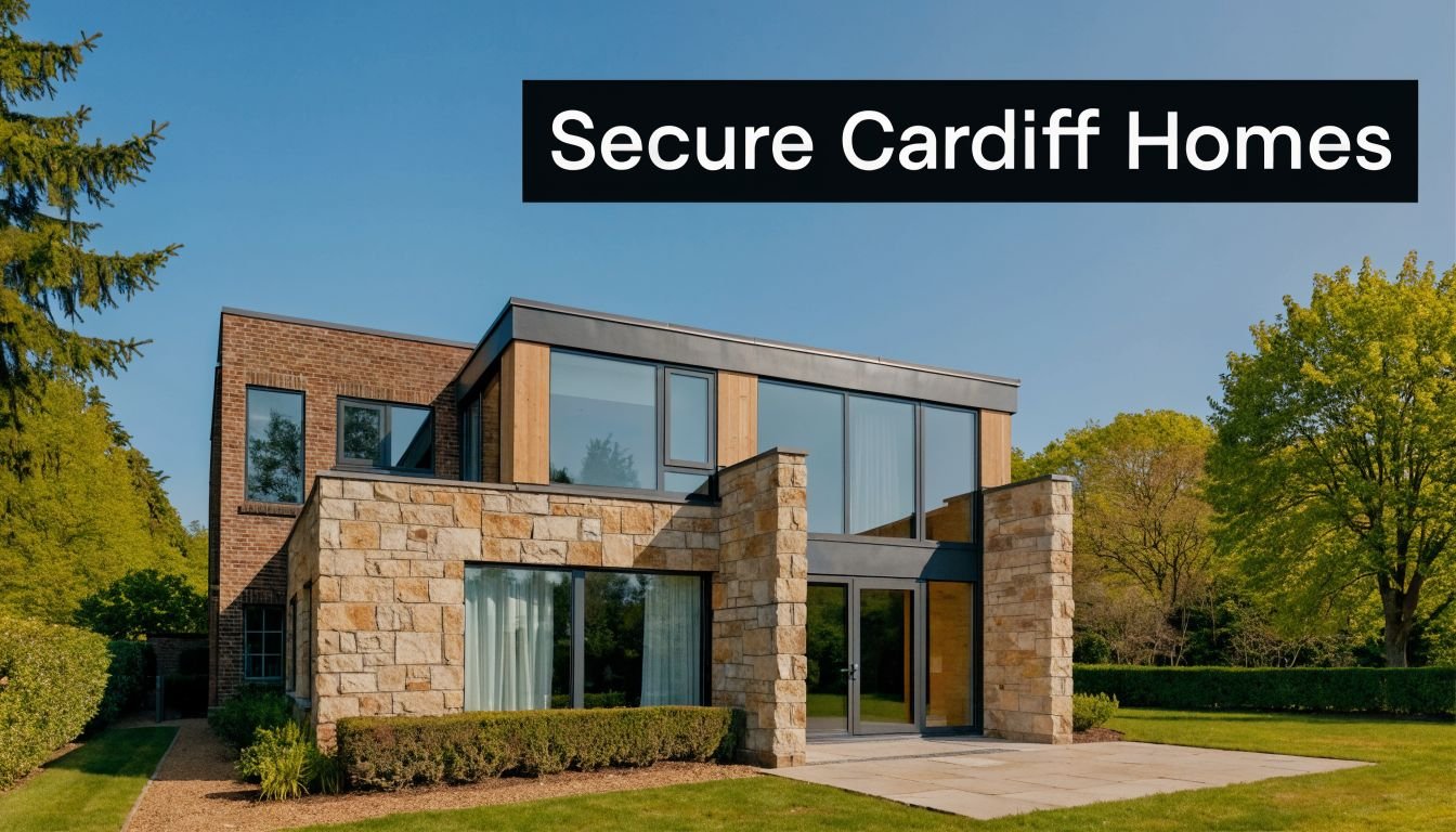 A modern two-story home featuring stone walls, large glass windows, and a scenic garden backdrop.