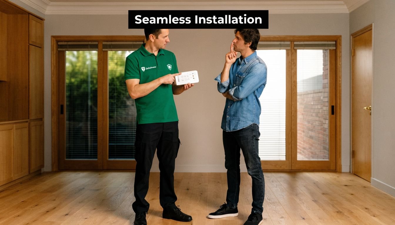 A professional technician in a green uniform explaining security device installation to a thoughtful homeowner indoors.