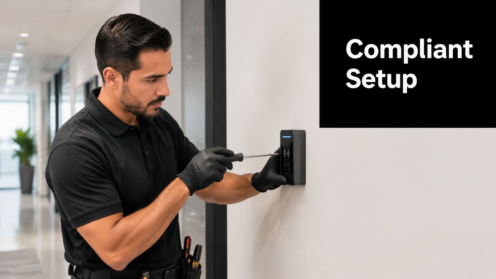A technician wearing black gloves installs an electronic card reader access control system on a white wall.