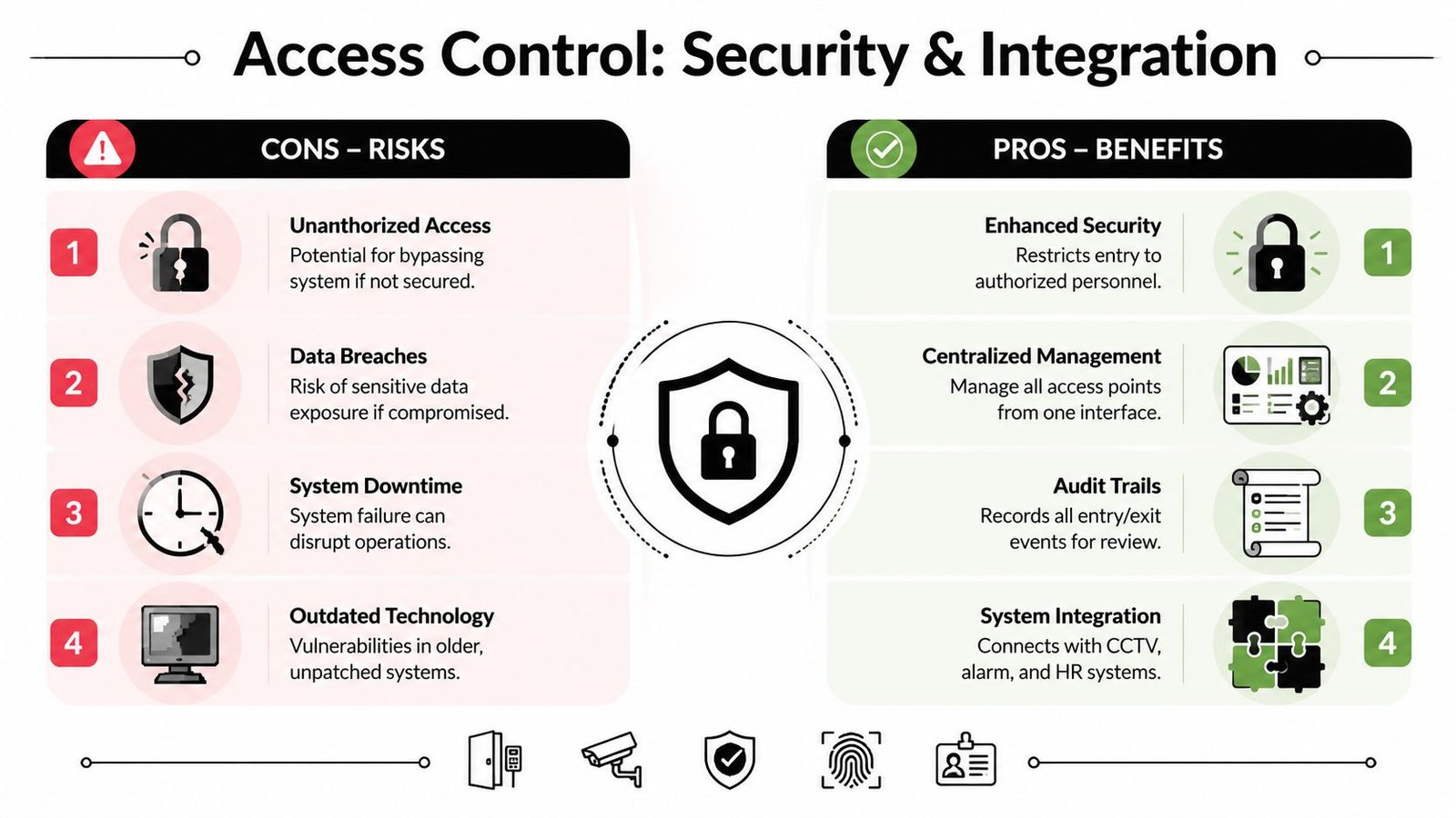 An infographic comparing the risks and benefits of access control systems for business security and integration.