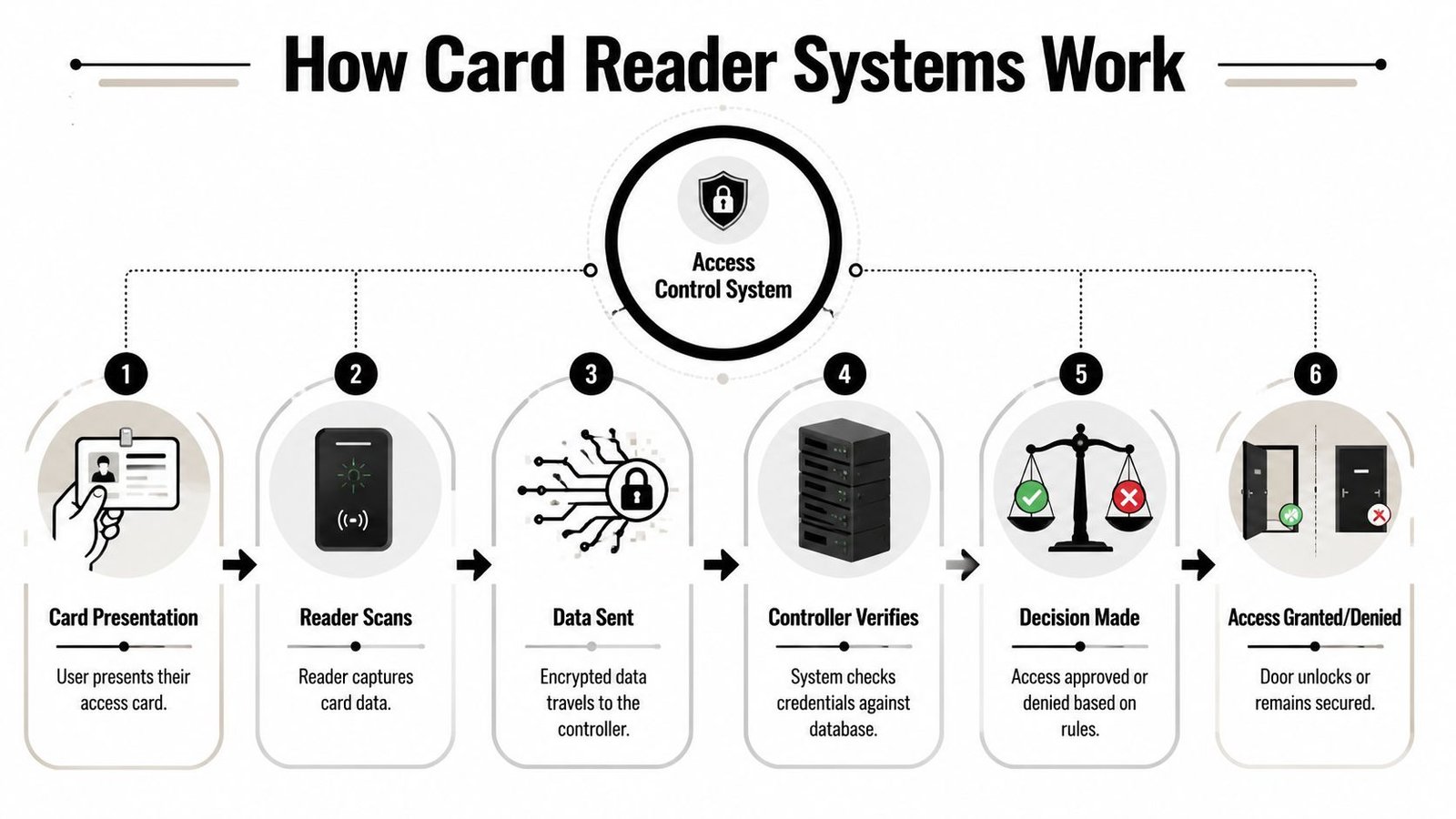 A flow chart illustrating the six-step process of how a secure card reader access control system works.