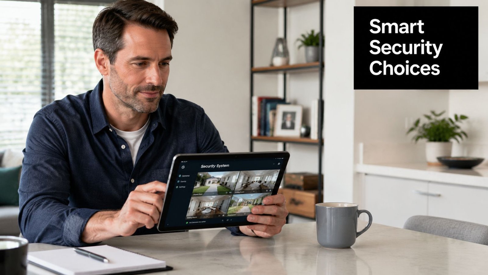 A man sitting at a kitchen table using a tablet to monitor his home security camera system.
