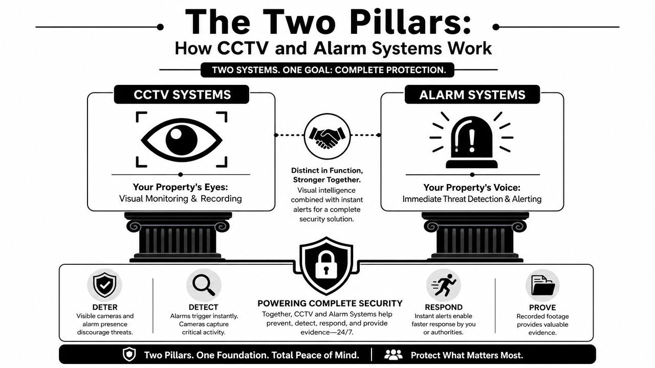 An infographic illustrating how CCTV and alarm systems work together to provide complete security and protection.