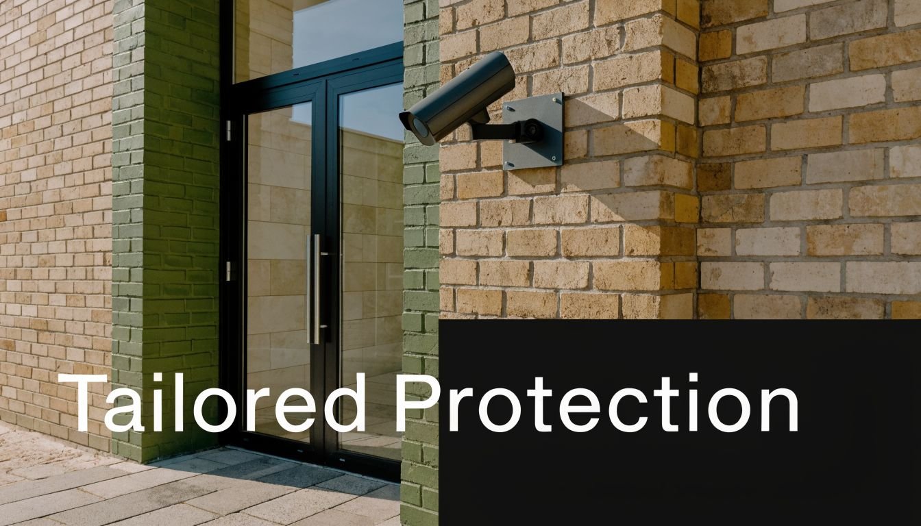 A modern security camera mounted on a brick wall next to glass double doors with text overlay.
