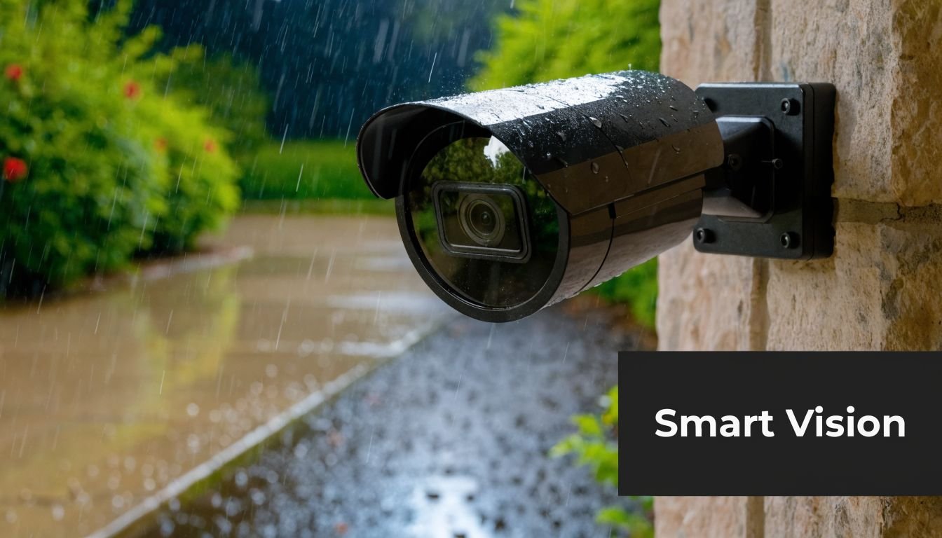 A weather-resistant outdoor security camera mounted on a stone wall during a heavy rainstorm.