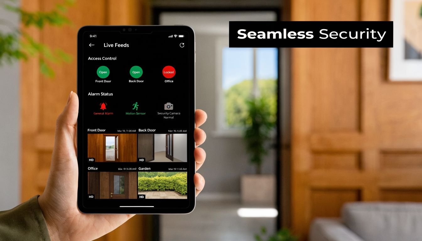 A hand holding a smartphone displaying a home security application with live camera feeds and system status.