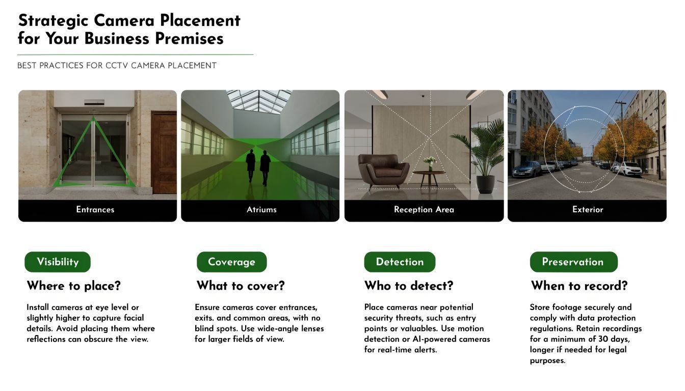 An infographic showing best practices for strategic CCTV camera placement in business premises with four key categories.