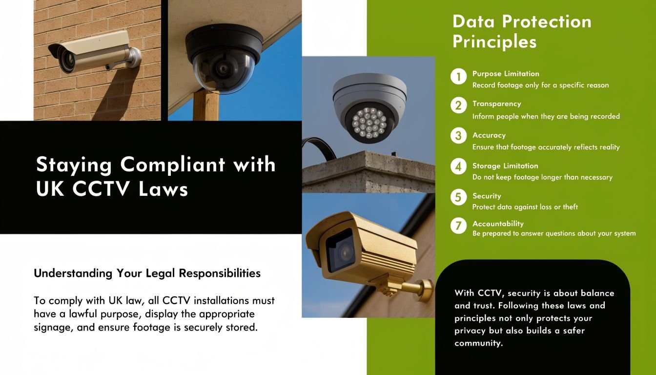 A visual guide explaining data protection principles and legal responsibilities for installing CCTV systems in the UK.
