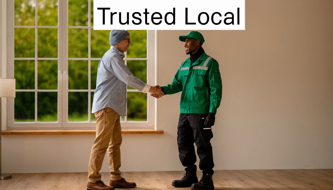 A professional technician shaking hands with a homeowner inside a bright, modern, and spacious residential room.
