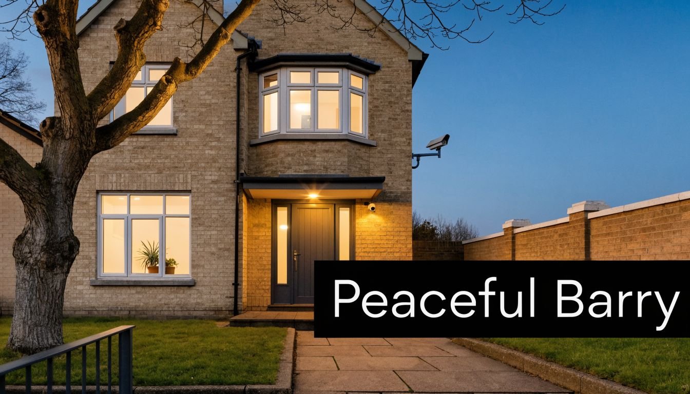 A modern brick house at twilight featuring a visible CCTV security camera mounted on the exterior wall.