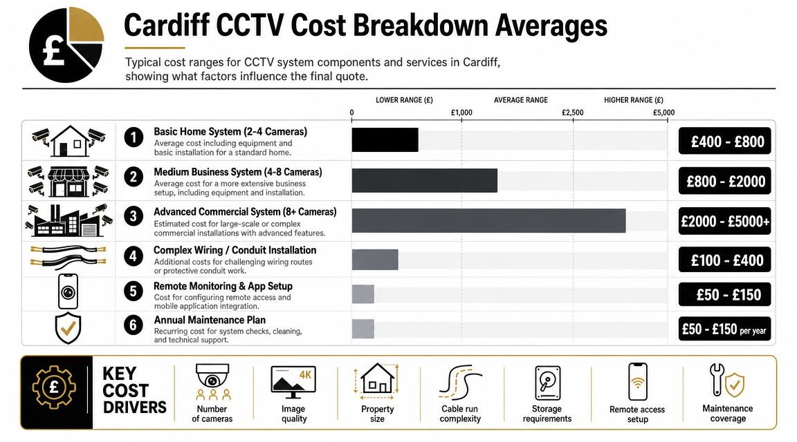 A chart showing typical cost ranges for CCTV system installations and maintenance services in Cardiff, UK.