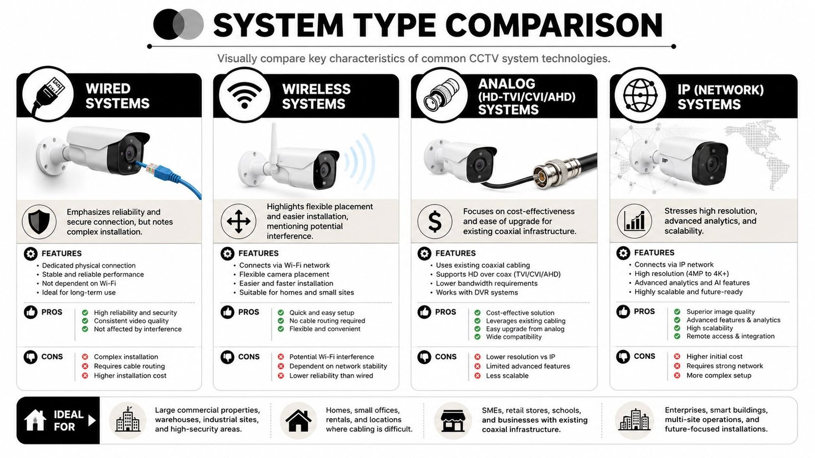 A comparison chart outlining the pros, cons, and features of wired, wireless, analog, and IP CCTV security systems.