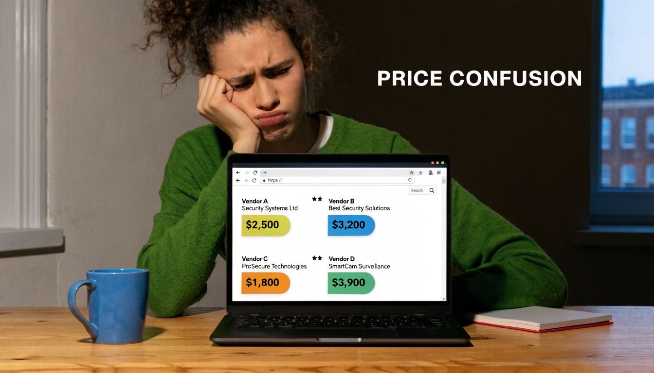 A frustrated woman looking at a laptop screen comparing various CCTV installation costs from different vendors.