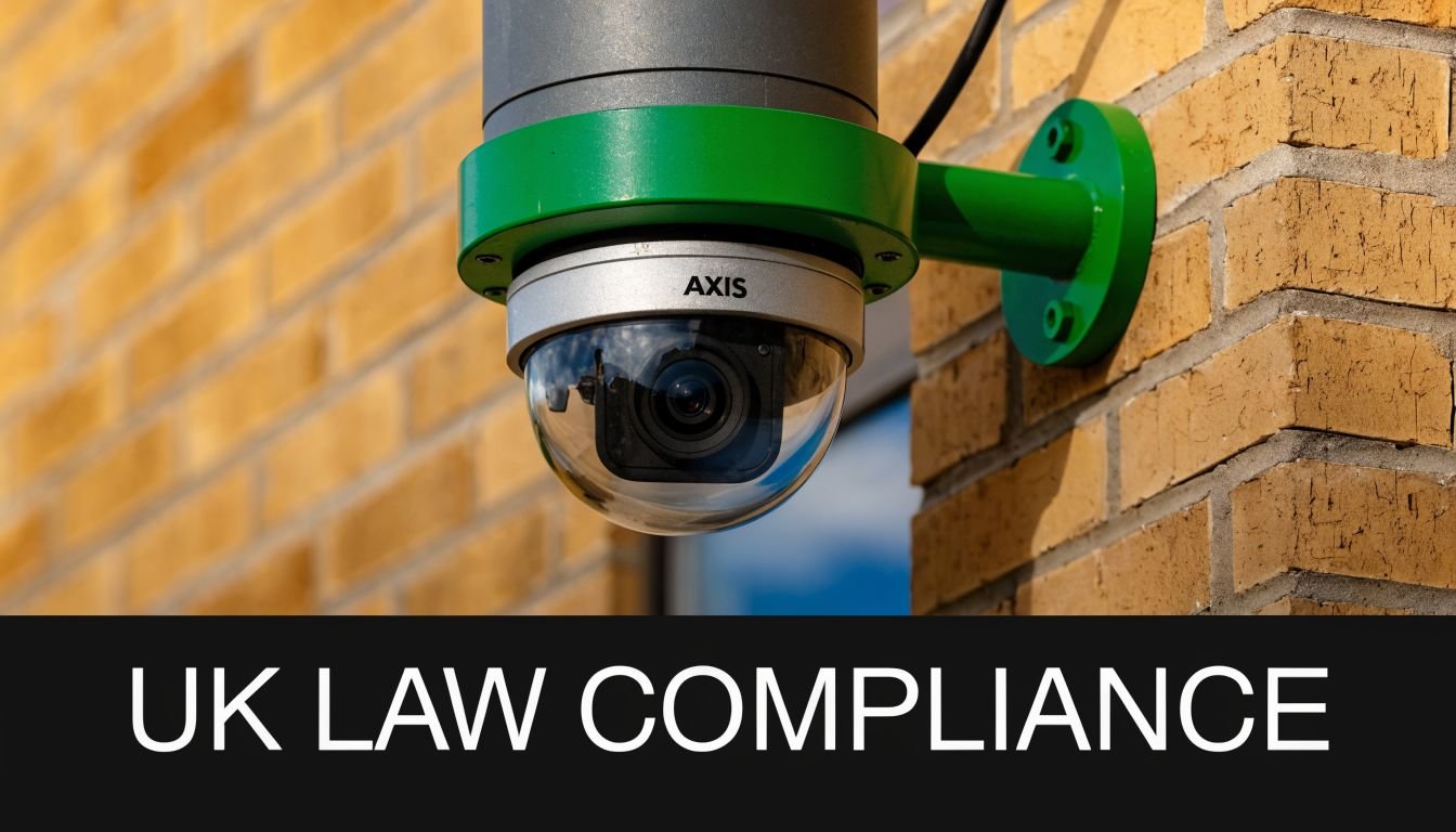 A close-up view of an Axis surveillance security camera mounted on a brick wall with text overlay.