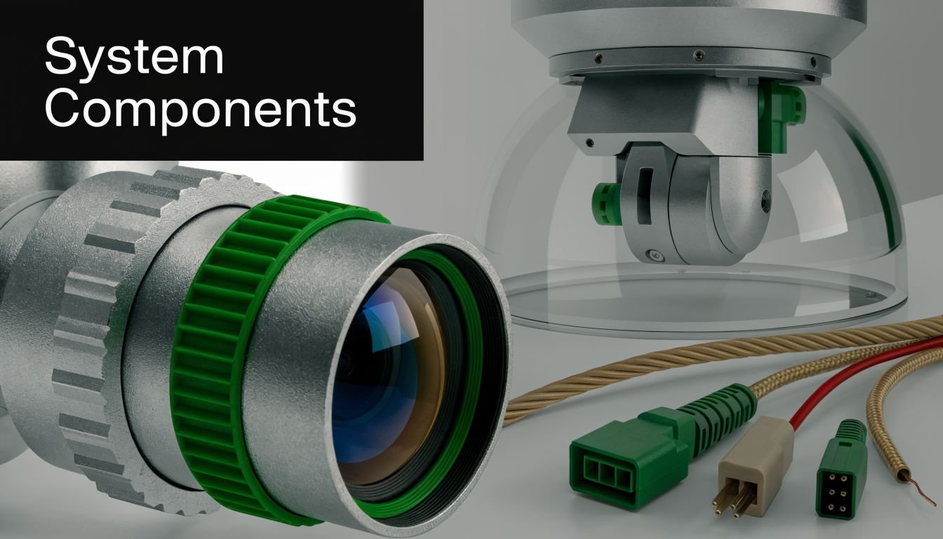 Professional CCTV camera system components including a lens, dome housing, and various electrical wiring connectors.