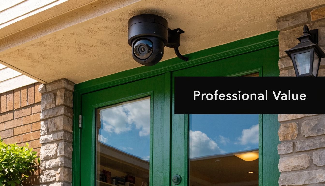 A modern security camera mounted above a green wooden door on a brick building exterior.