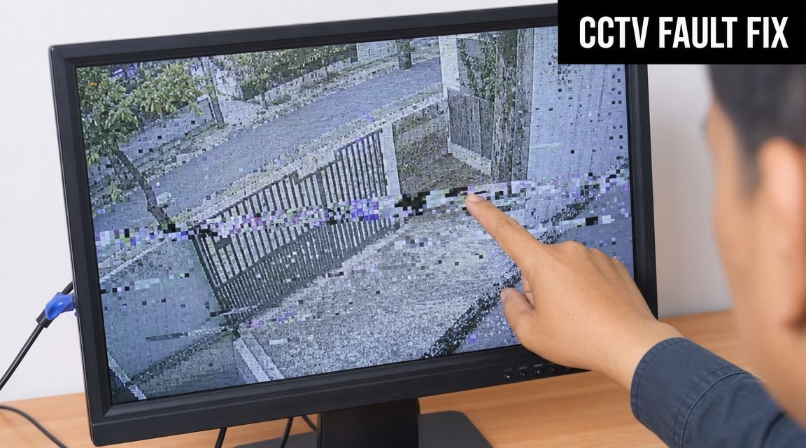 A technician pointing at a computer monitor displaying a distorted CCTV surveillance camera feed showing a gate.