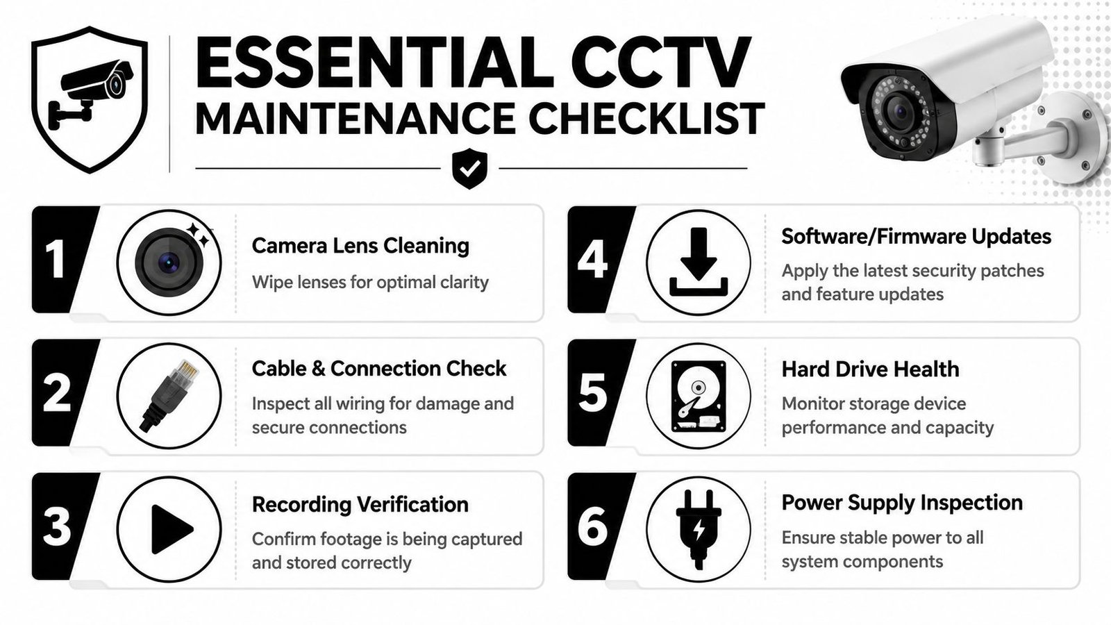 A six-step infographic titled Essential CCTV Maintenance Checklist showing important tasks for security camera system upkeep.