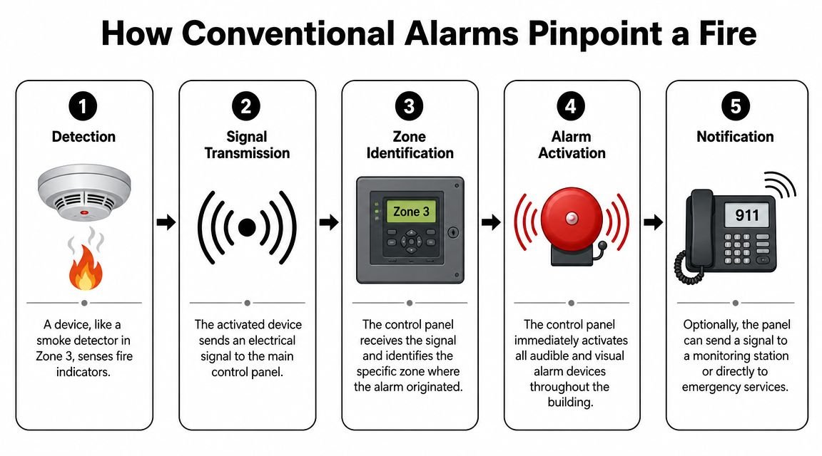 A five-step infographic showing how a conventional fire alarm system detects and notifies emergency services of fires.