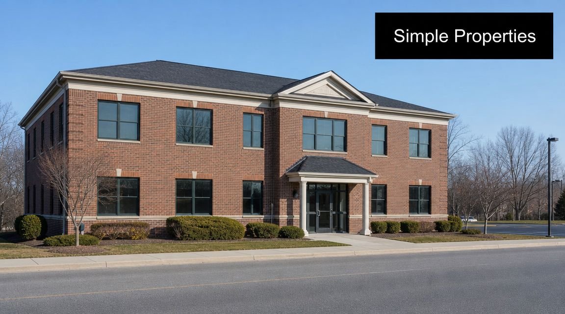 A professional two-story brick office building with a paved parking area and clear blue sky.