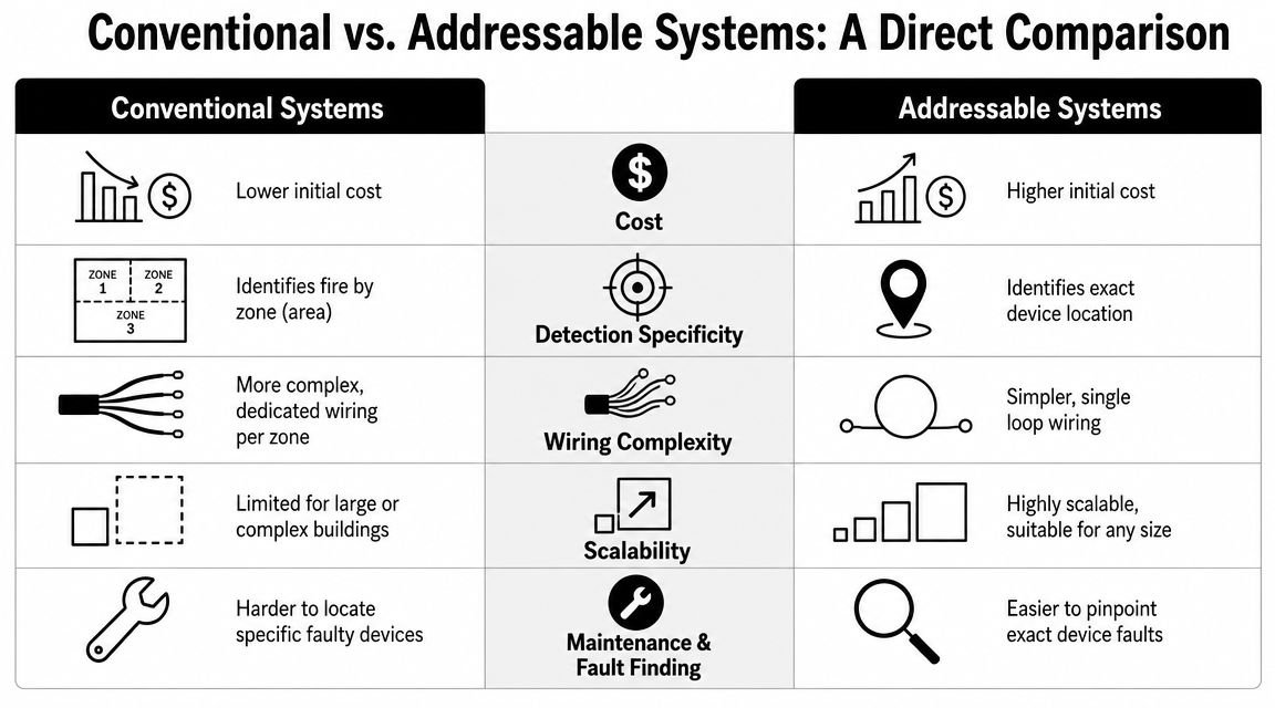 A comparison chart showing differences between conventional and addressable fire alarm systems regarding cost, detection, and maintenance.