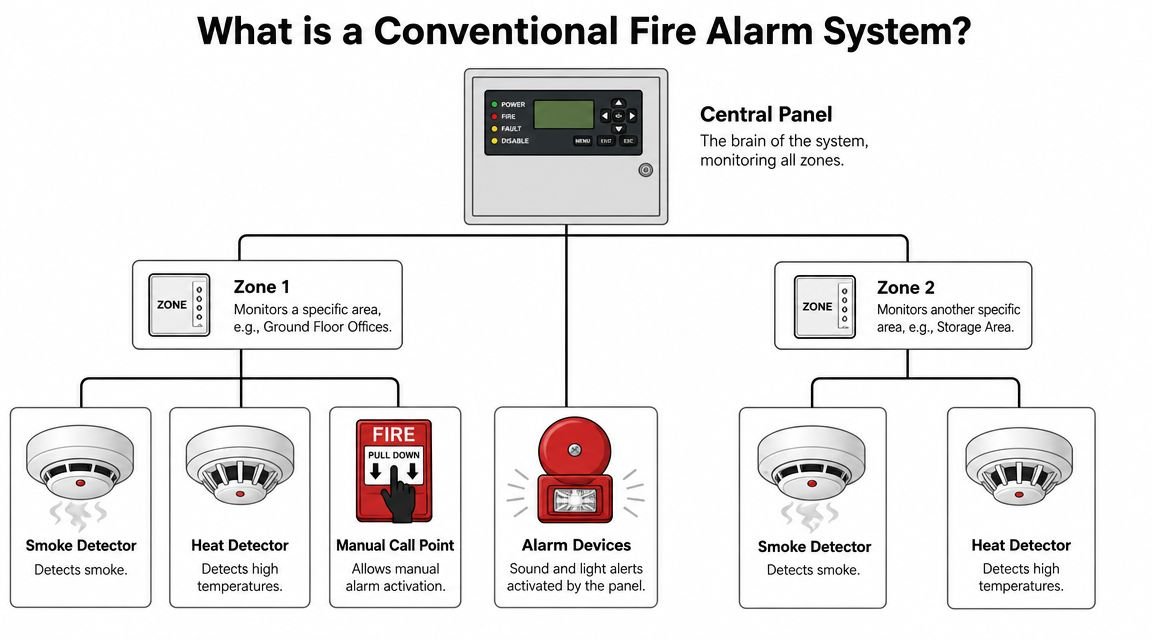 A diagram illustrating the components and structure of a conventional fire alarm system with various detection devices.
