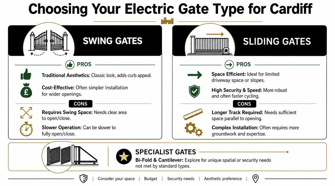A comparison infographic showing pros and cons of swing gates and sliding gates for Cardiff driveways.