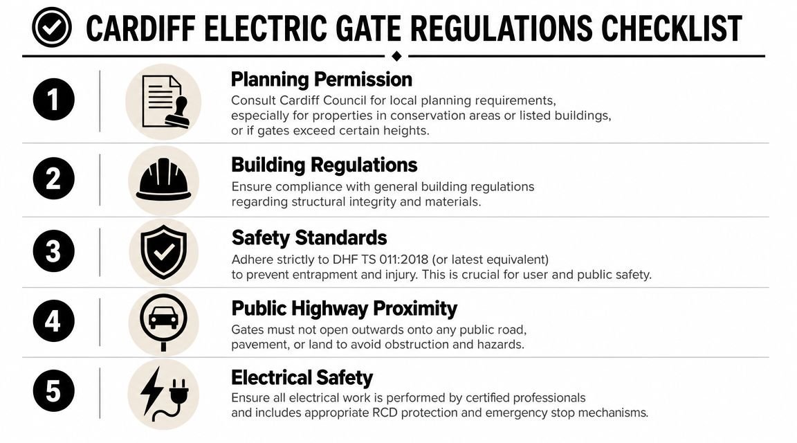 A five-point checklist outlining the legal and safety regulations for installing electric gates in Cardiff, Wales.