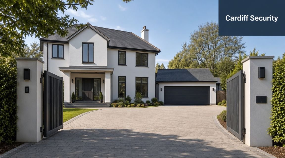 A modern two-story luxury home featuring a paved driveway and black automated electric gates in Cardiff.