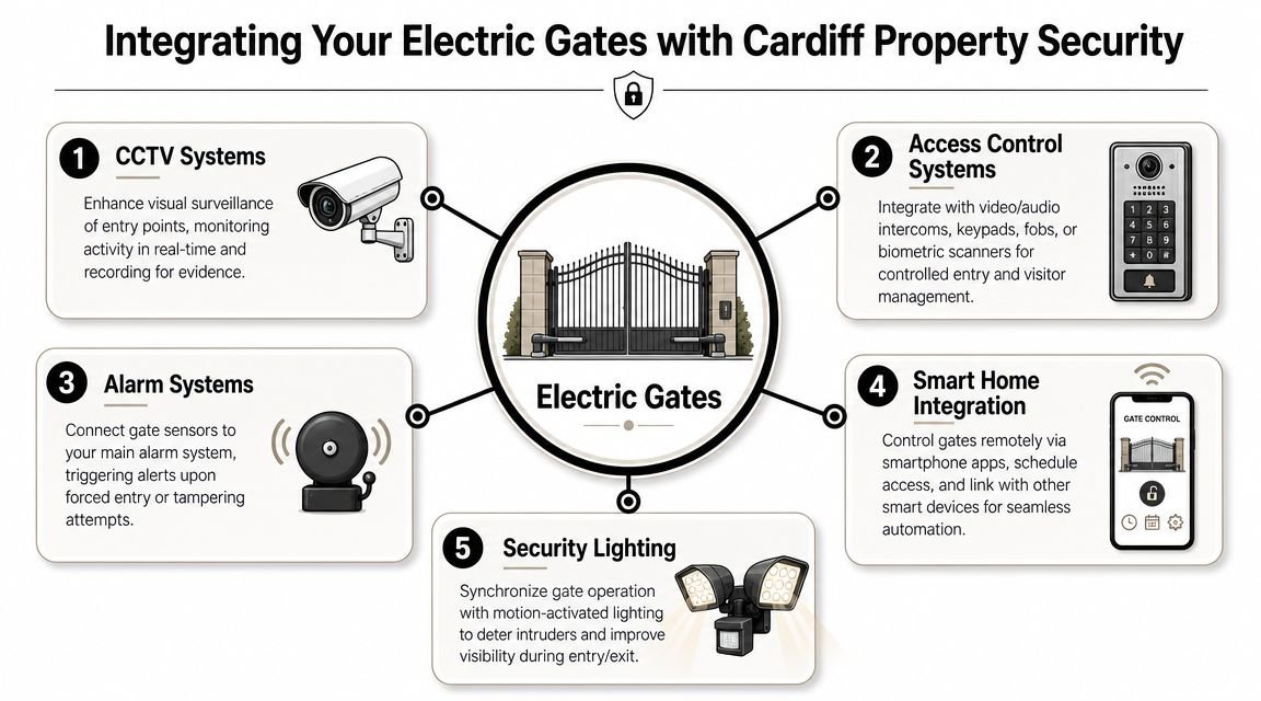 A diagram illustrating the integration of electric gates with various property security systems in Cardiff.