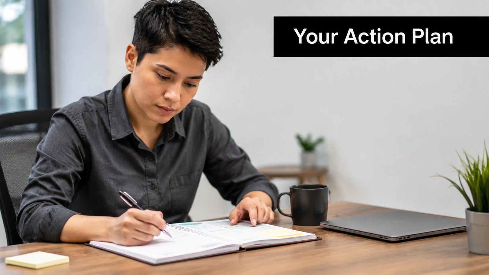 A professional with short hair sitting at a wooden desk writing into a planner.