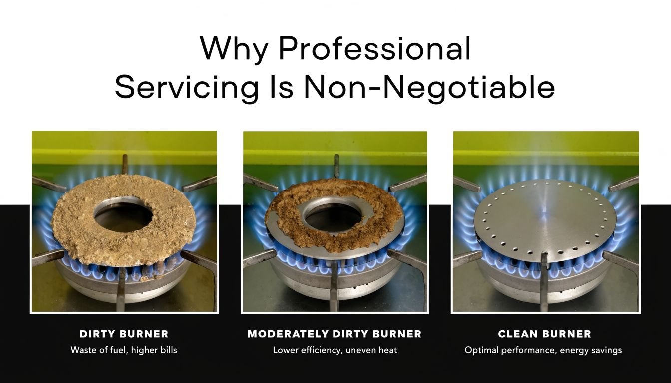 A comparison of three gas stove burners showing dirty, moderately dirty, and clean conditions to demonstrate maintenance importance.