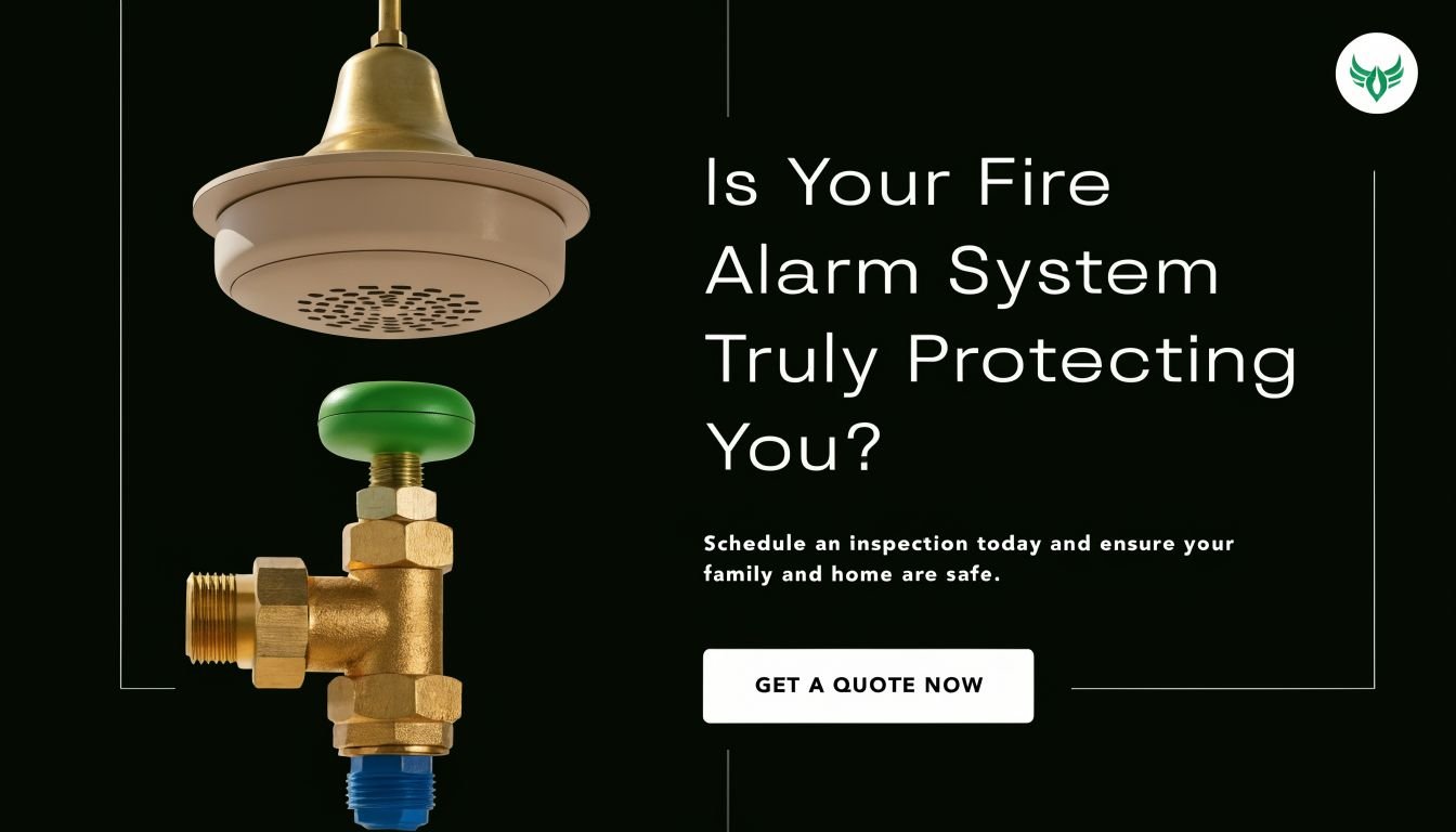A brass fire sprinkler head and control valve on a black background, promoting fire safety system inspections.