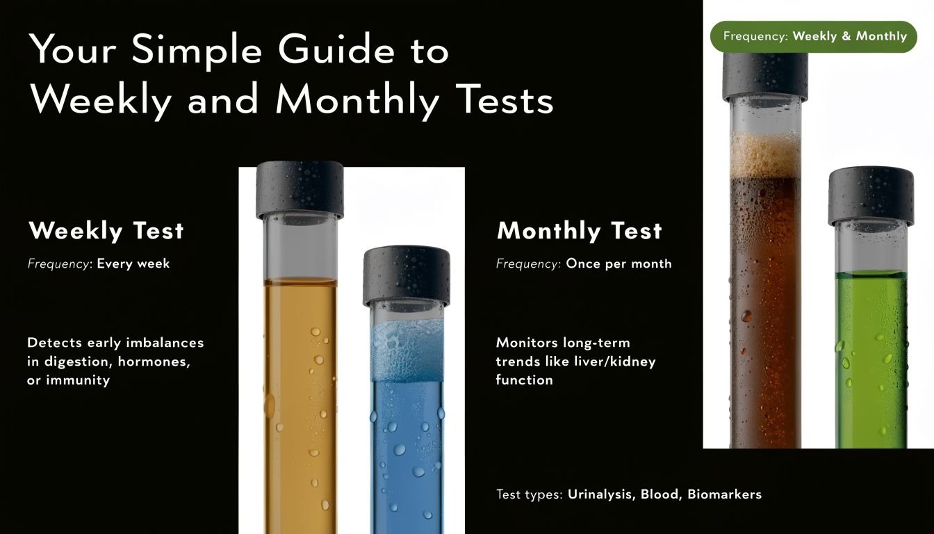 An infographic showing a guide to medical testing frequencies, comparing weekly tests with monthly health screenings.