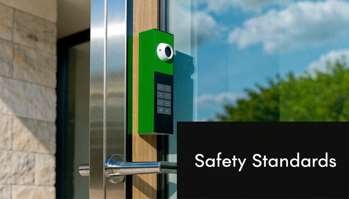 A modern security intercom system mounted on a glass door frame, promoting enhanced building safety standards.