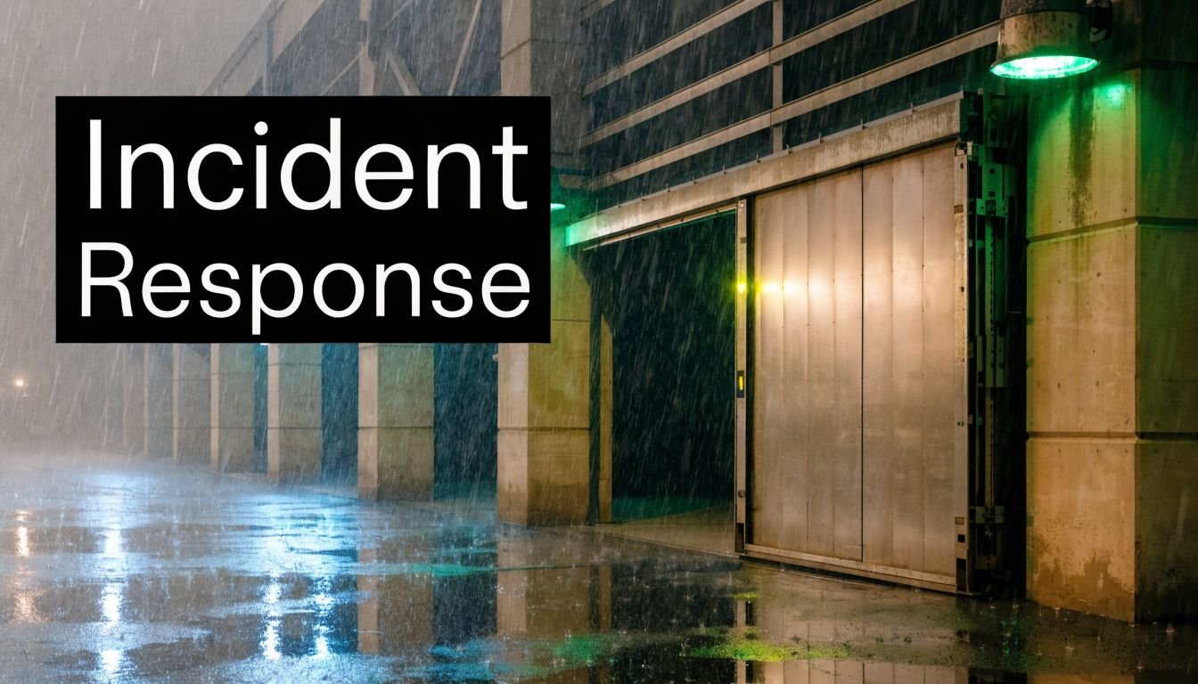 A rainy night scene featuring a large industrial sliding door at a secure warehouse facility.