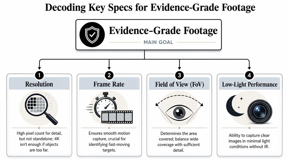 A diagram outlining the four key specifications for capturing high-quality evidence-grade security camera footage.