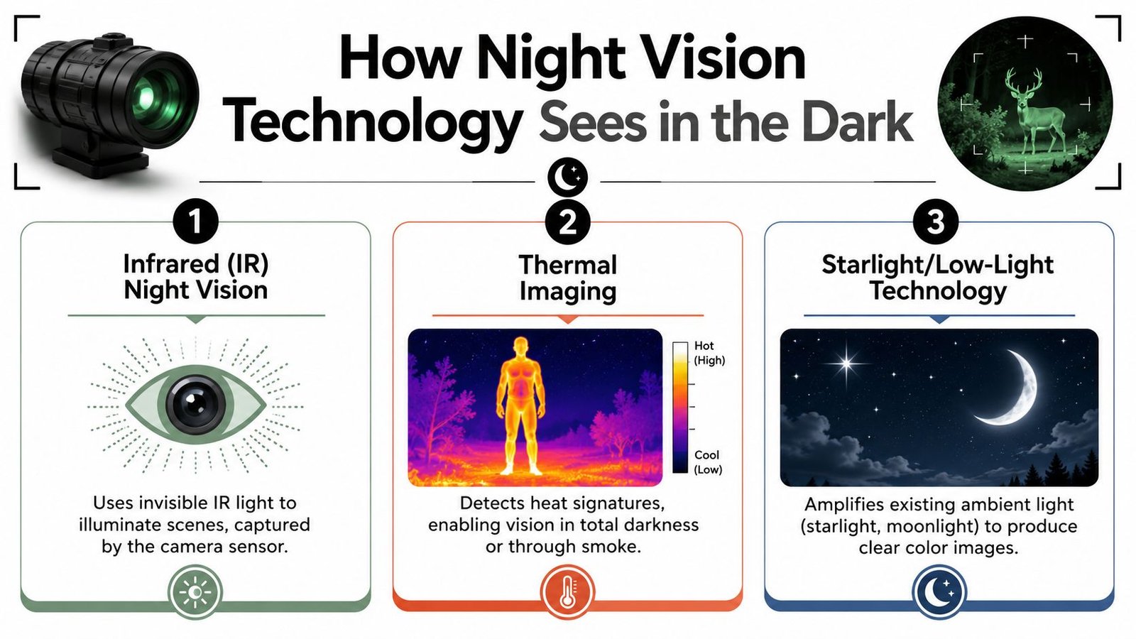 An infographic explaining the three main types of night vision technology: infrared, thermal imaging, and starlight enhancement.