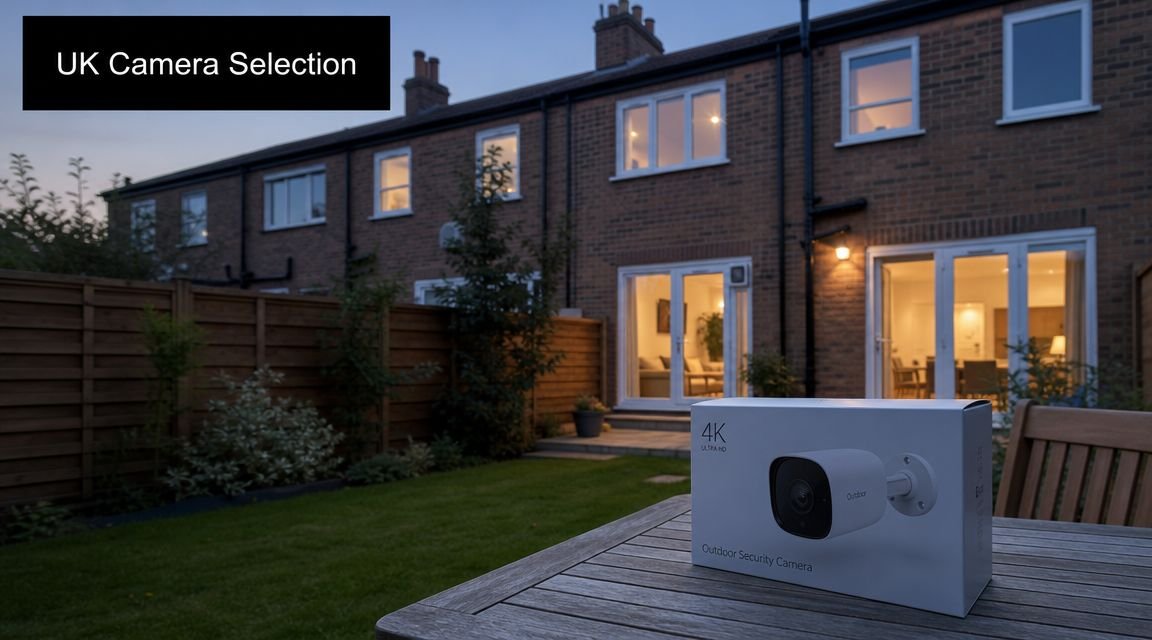 A 4K outdoor security camera box placed on a wooden garden table overlooking a residential home at night.