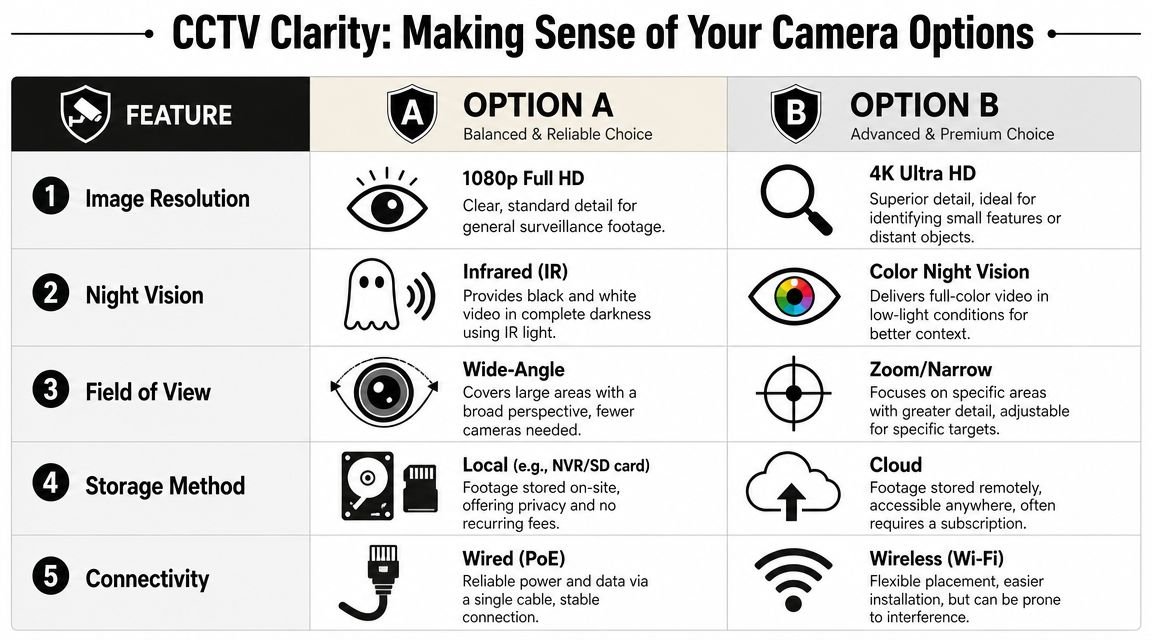A comparison chart outlining two CCTV camera options, detailing features like image resolution, night vision, and connectivity.